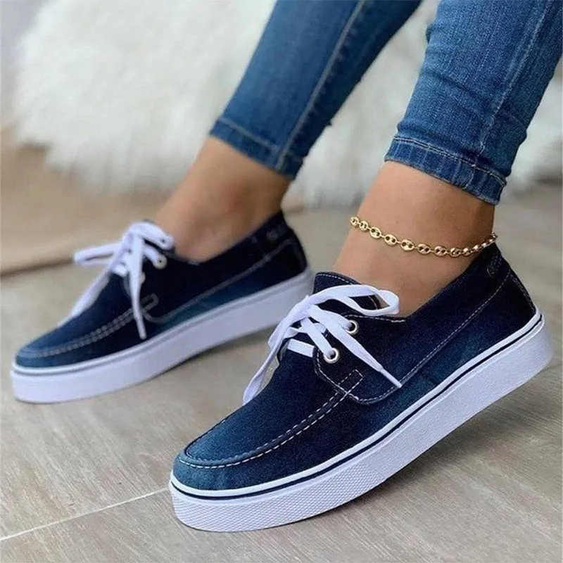 Amozae-Back to school  Women Lace Up Sneakers Women's Sports Flats Women Casual Vulcanized Ladies Comfortable Brogue Canvas Denim Shoes Plus Size