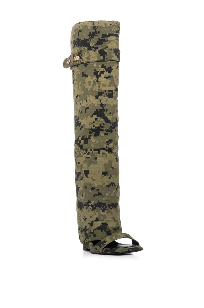 AZALEA WANG MARIETTA FOLD OVER OPEN TOE SANDAL BOOT IN CAMO