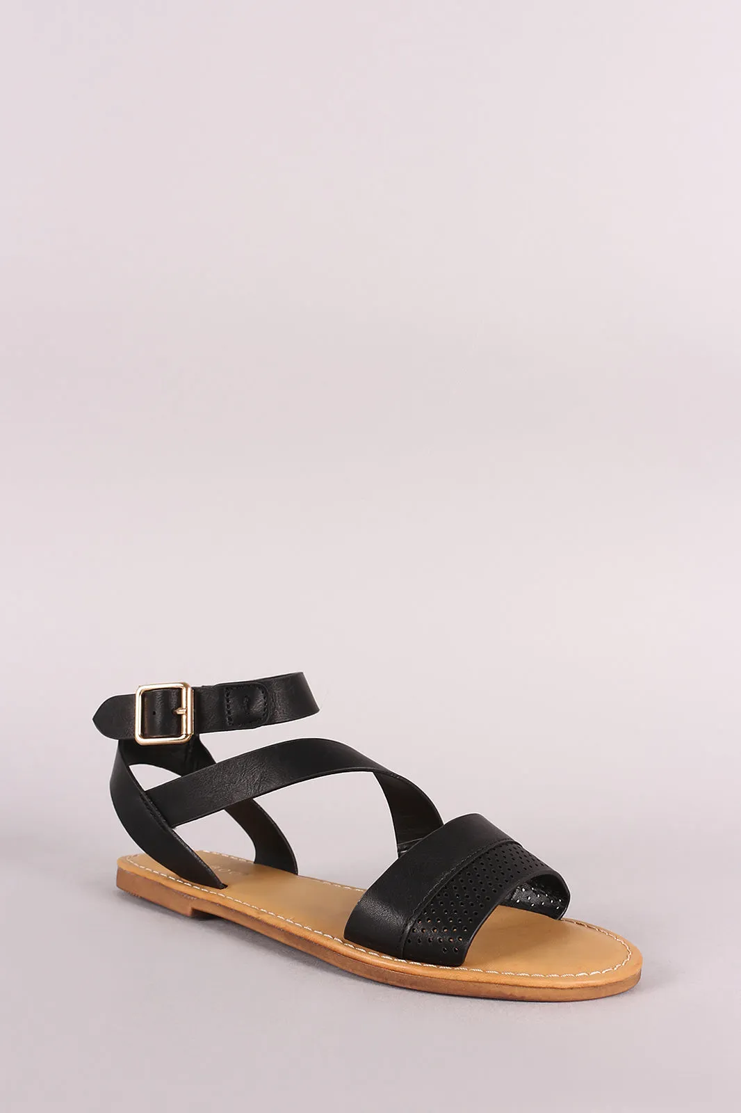 Bamboo Asymmetric Perforated Strappy Flat Sandal