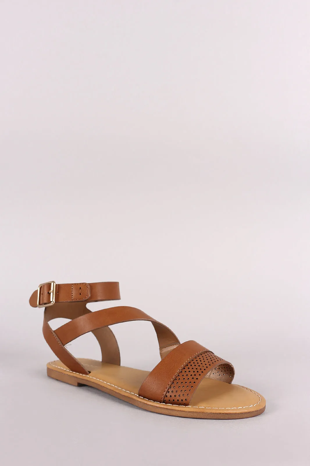 Bamboo Asymmetric Perforated Strappy Flat Sandal