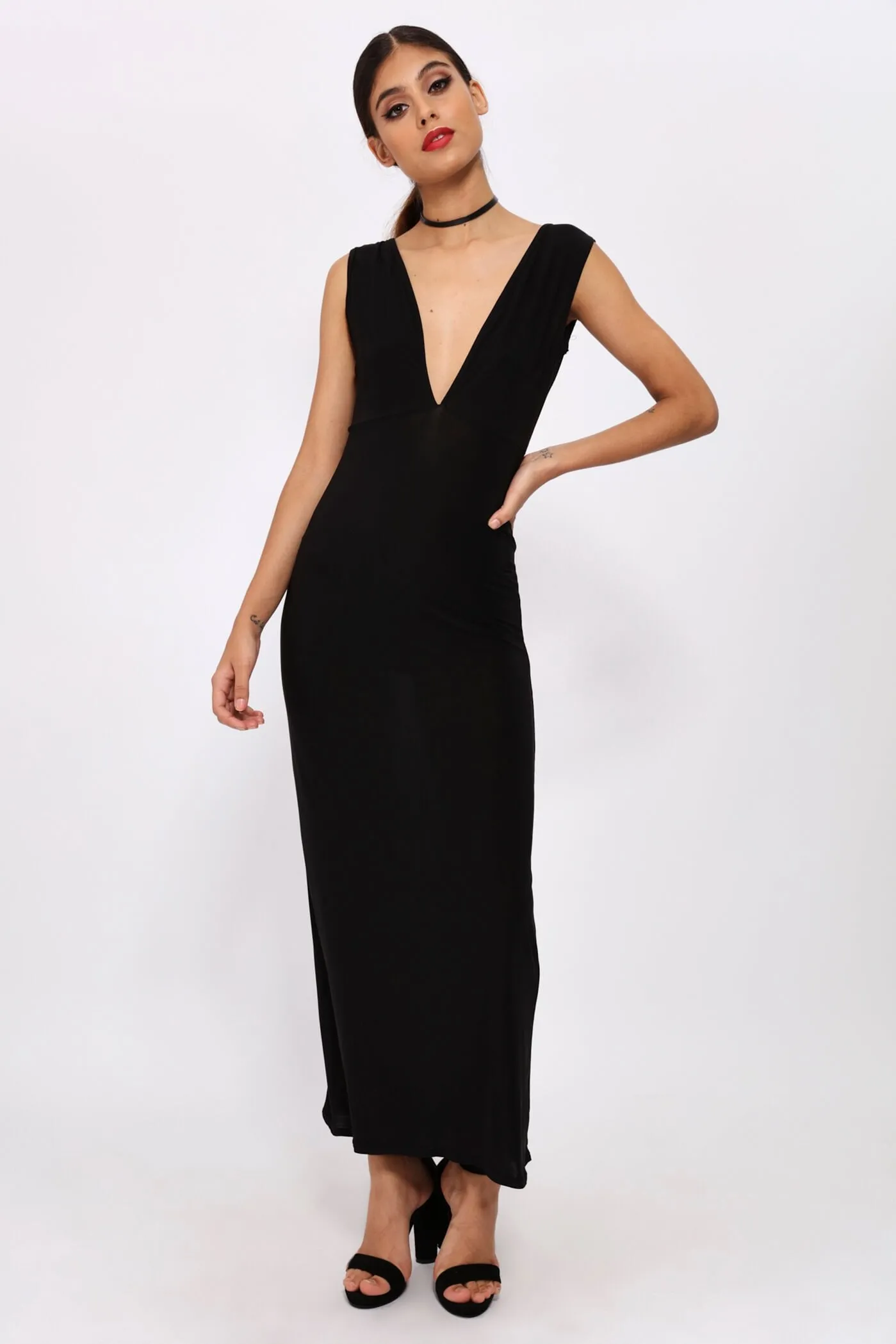 Black Plunge Front Maxi Dress