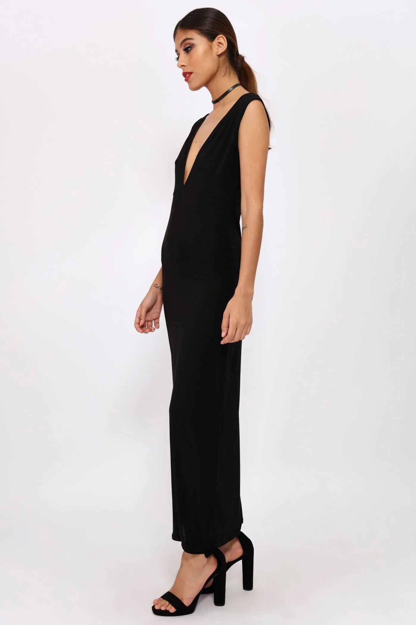 Black Plunge Front Maxi Dress