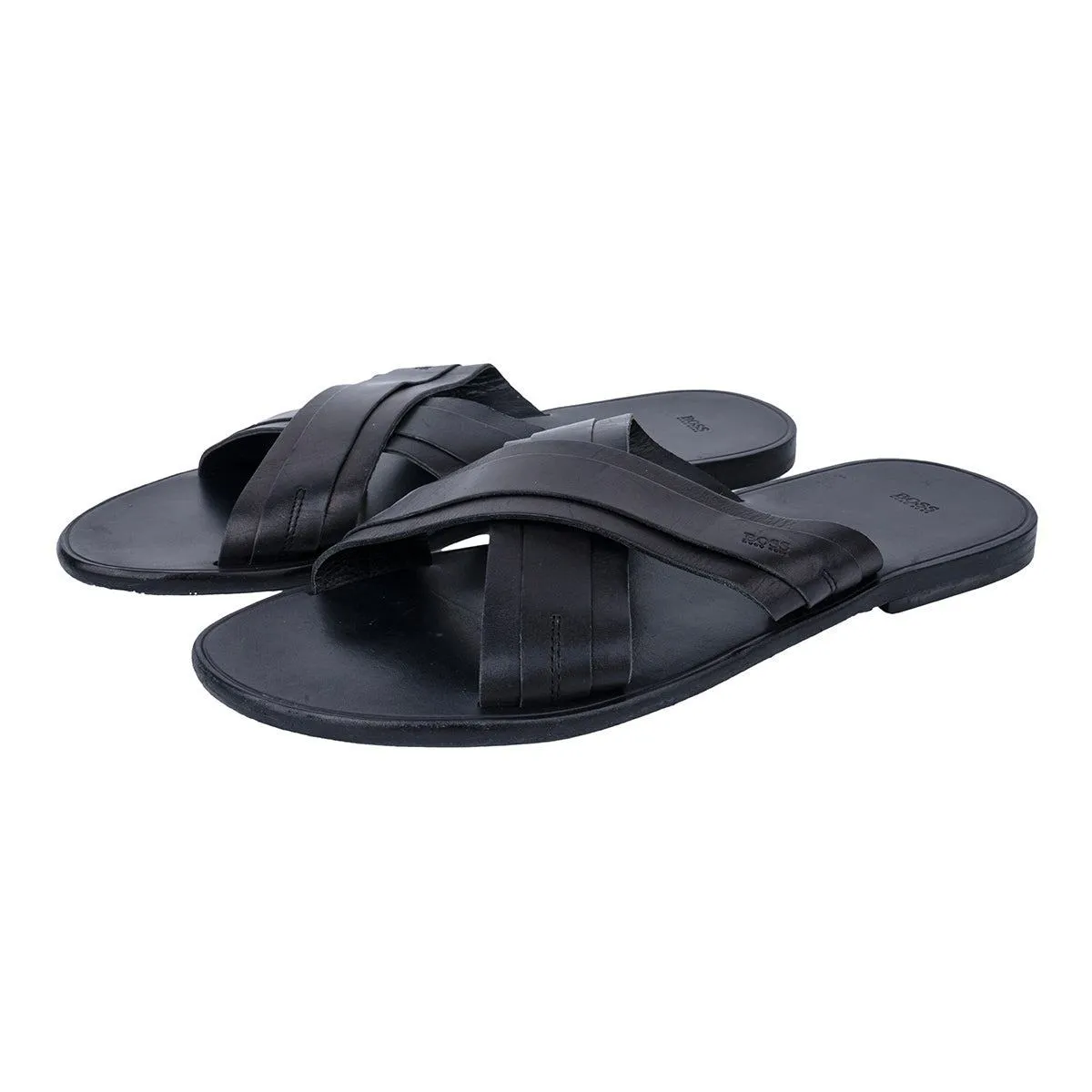 Boss Crossstrap Sliders Leather Black Colour For Men