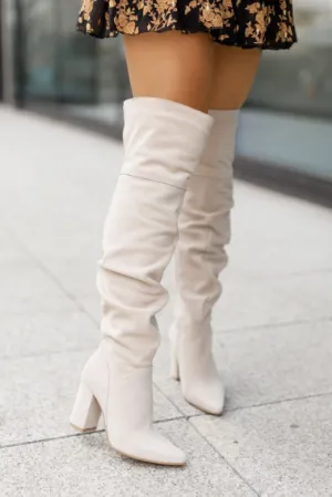 Faux suede slouchy wide calf chunky high heels over the knee boots