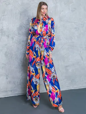 Flying Tomato Long Sleeve Collared Leaf Print Satin Jumpsuit - Brands We Love