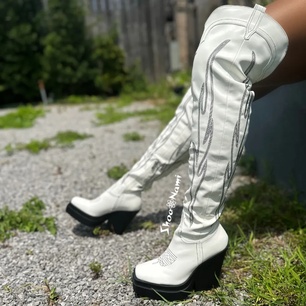 HIGH HORSE/2024 White Faux Leather Platform Thigh High Boot