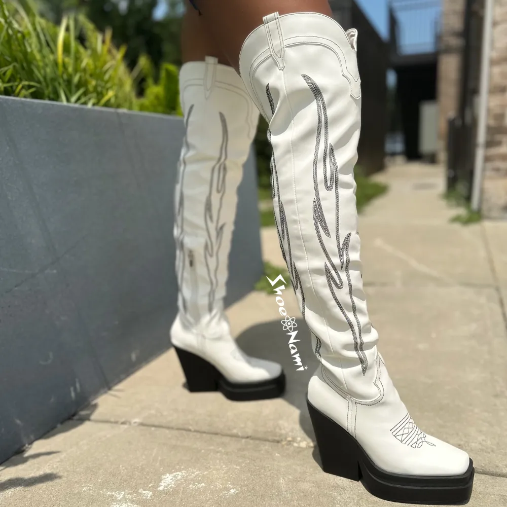 HIGH HORSE/2024 White Faux Leather Platform Thigh High Boot