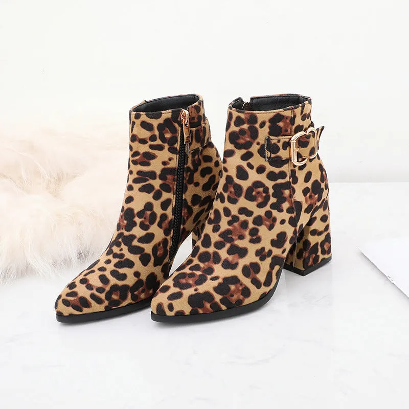 Leopard Print Chunky Heel Belt Buckle Boots with Side Zipper