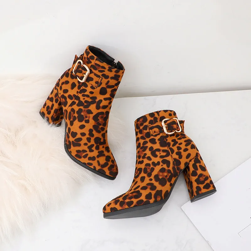 Leopard Print Chunky Heel Belt Buckle Boots with Side Zipper