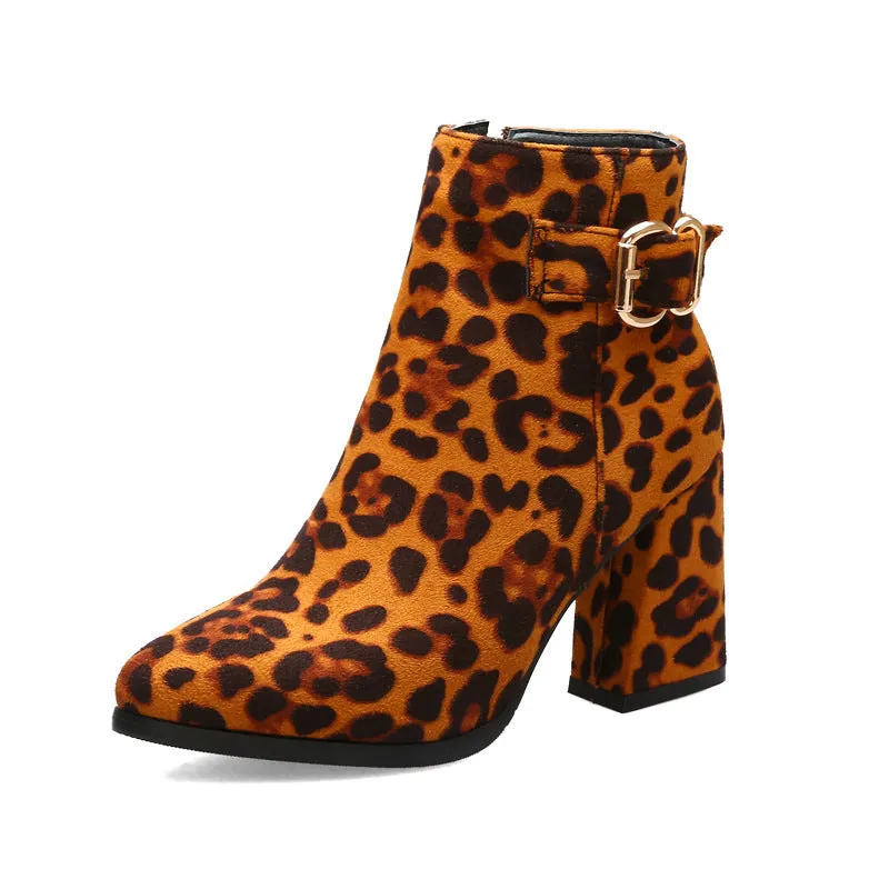 Leopard Print Chunky Heel Belt Buckle Boots with Side Zipper