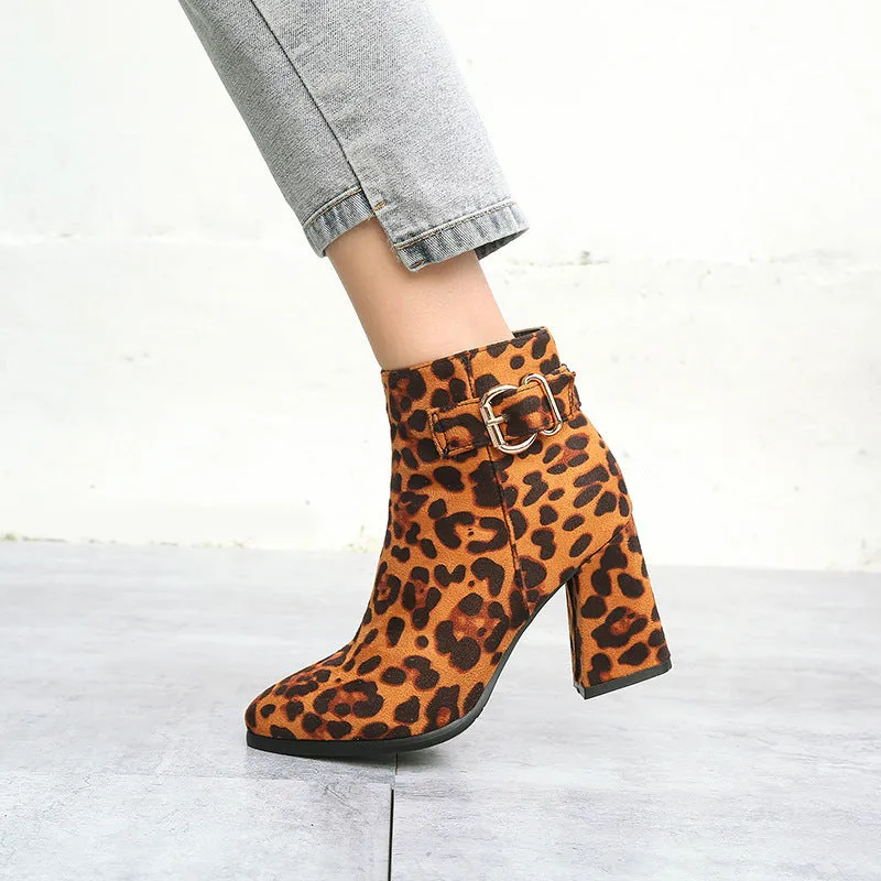 Leopard Print Chunky Heel Belt Buckle Boots with Side Zipper