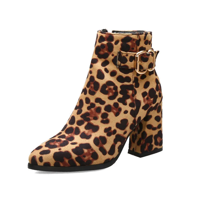 Leopard Print Chunky Heel Belt Buckle Boots with Side Zipper