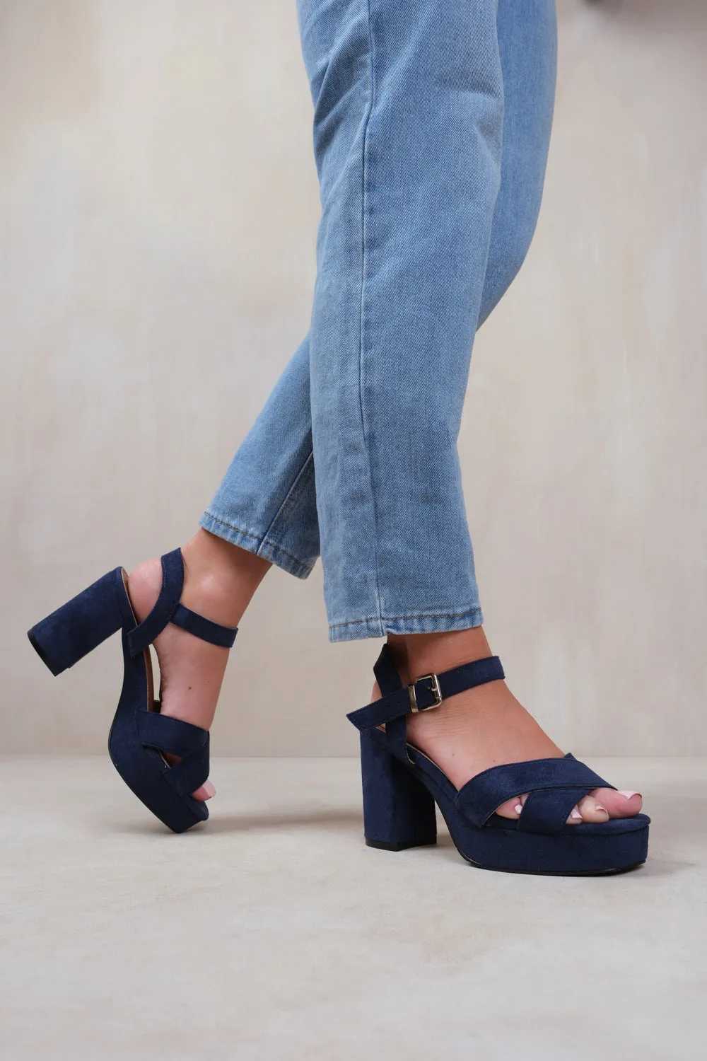 MARCIA STATEMENT PLATFORM STRAPPY BLOCK HIGH HEELS IN NAVY SUEDE