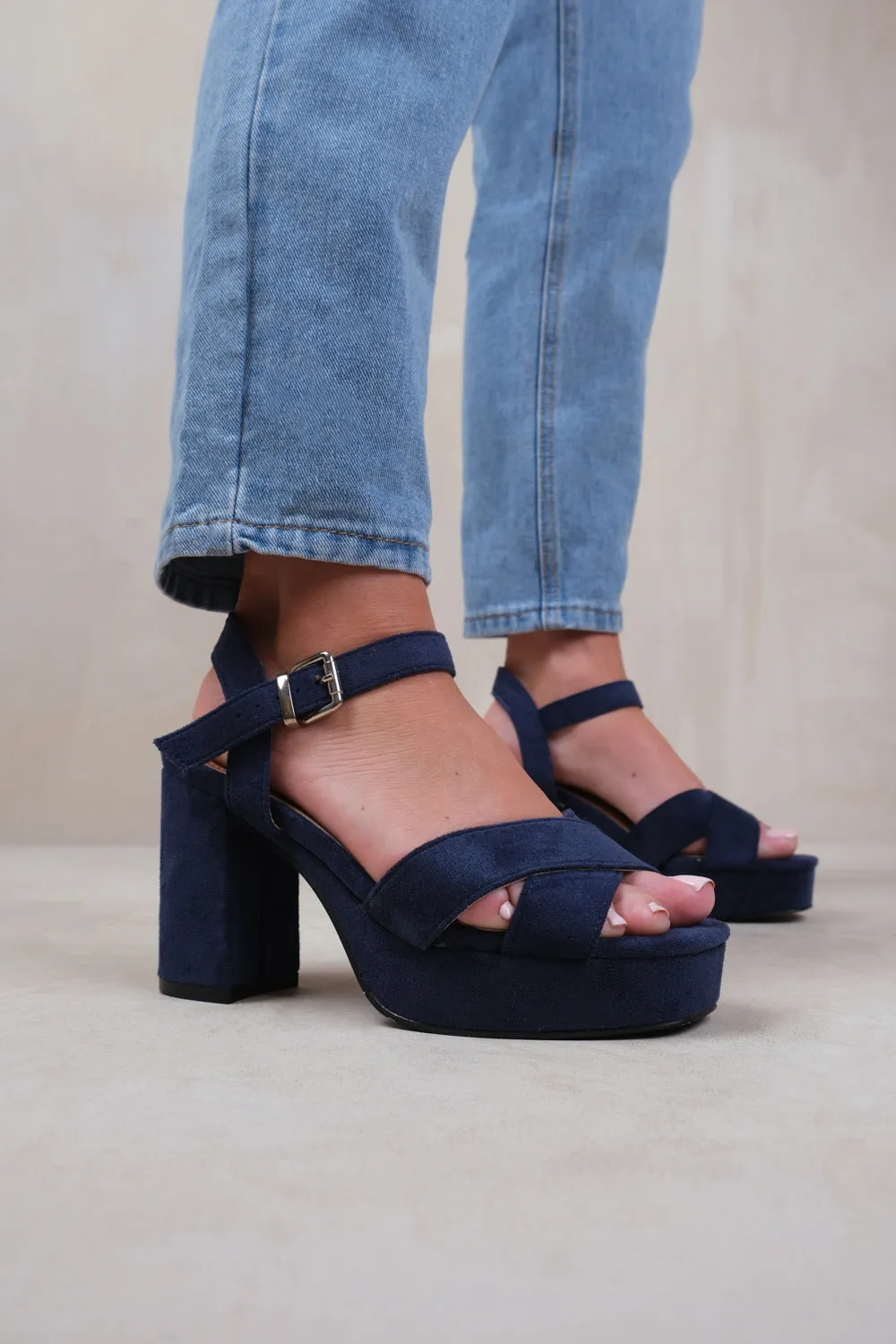 MARCIA STATEMENT PLATFORM STRAPPY BLOCK HIGH HEELS IN NAVY SUEDE