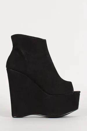 Suede Peep Toe Platform Wedge Bootie