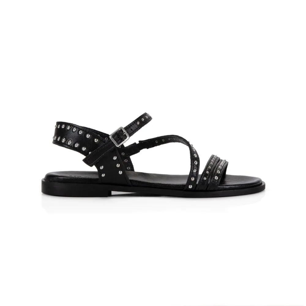 Valentina: Black Leather Studded Strappy Sandals