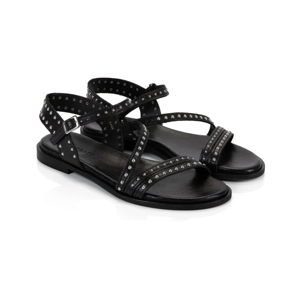 Valentina: Black Leather Studded Strappy Sandals