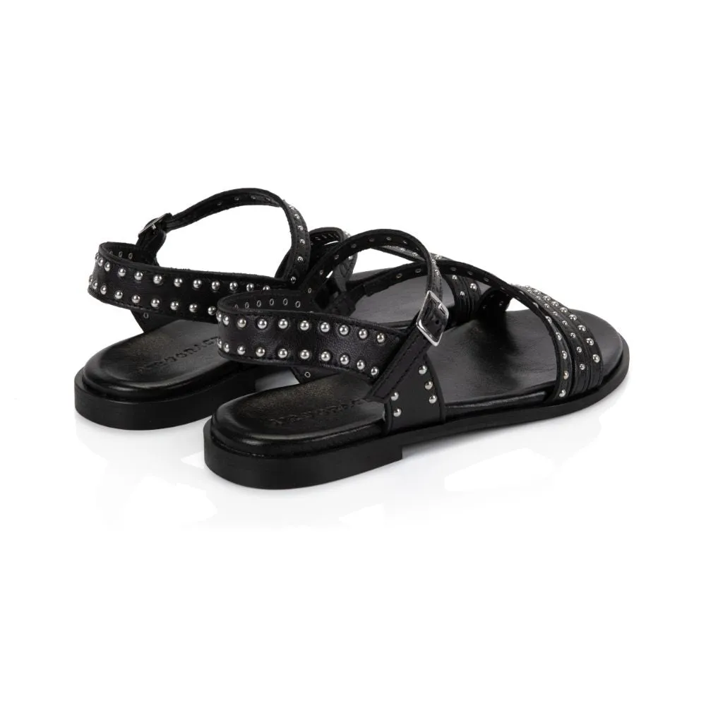 Valentina: Black Leather Studded Strappy Sandals