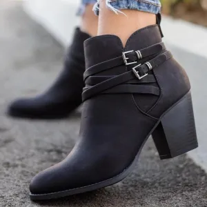 Women criss cross buckle strap chunky heel ankle boots