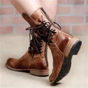 Women Lace Up Back Zipper Studded Western Knight Chunky Heel Platform Boots